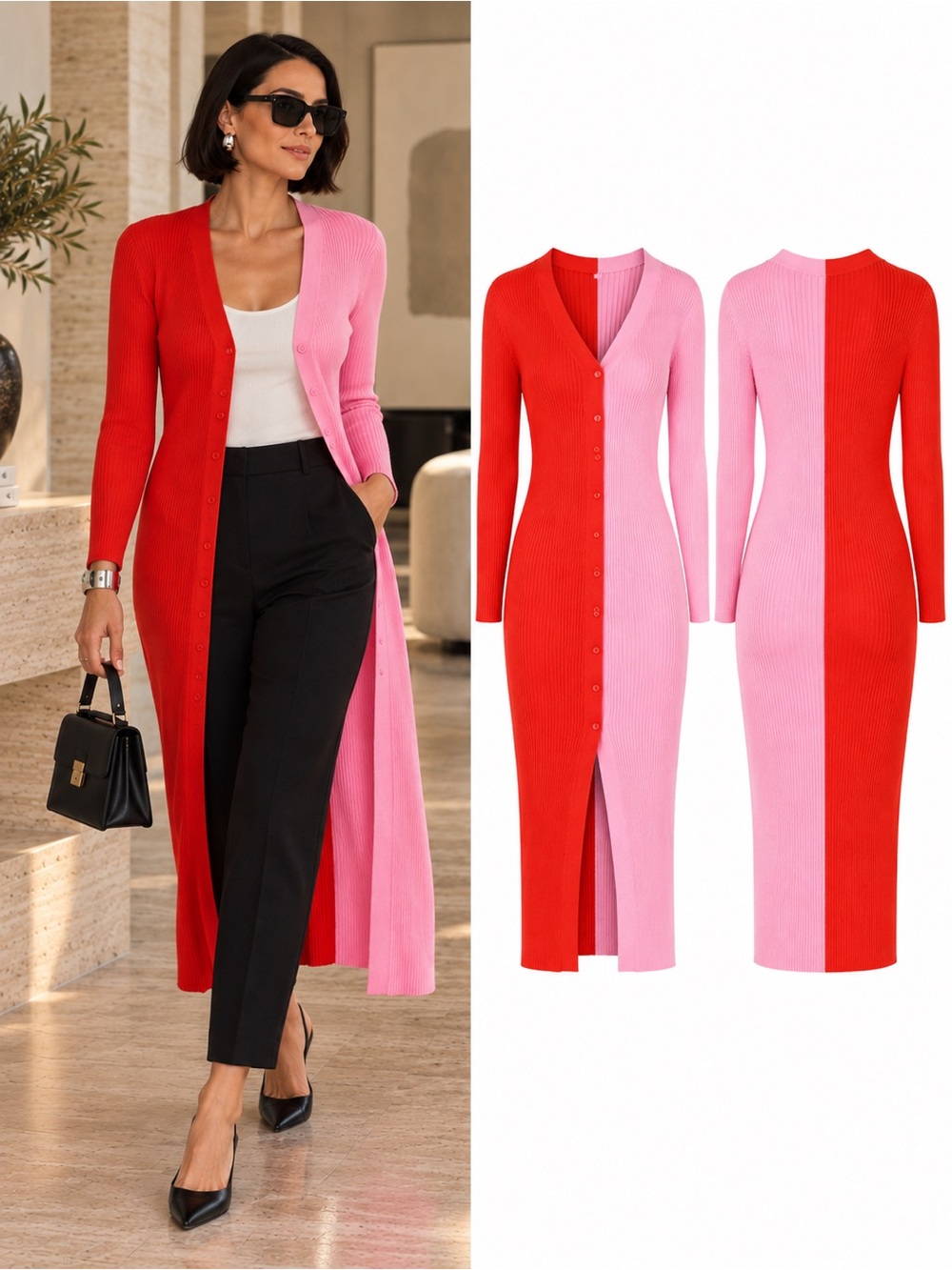 STAUD Shoko Poppy Rosebud Colorblock Ribbed Knit Midi Dress Cardigan Size Large